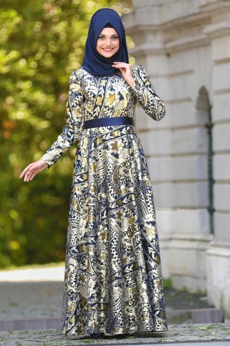 Tesettürlü Abiye Elbise - Robe de soirée islamique bleu marine 24494L