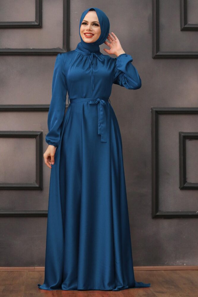 Tesettürlü Abiye Elbise - Robe de soirée islamique bleu marine 25130L - 1