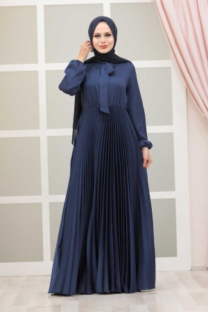 Tesettürlü Abiye Elbise - Robe de soirée islamique bleu marine 3031L - 1
