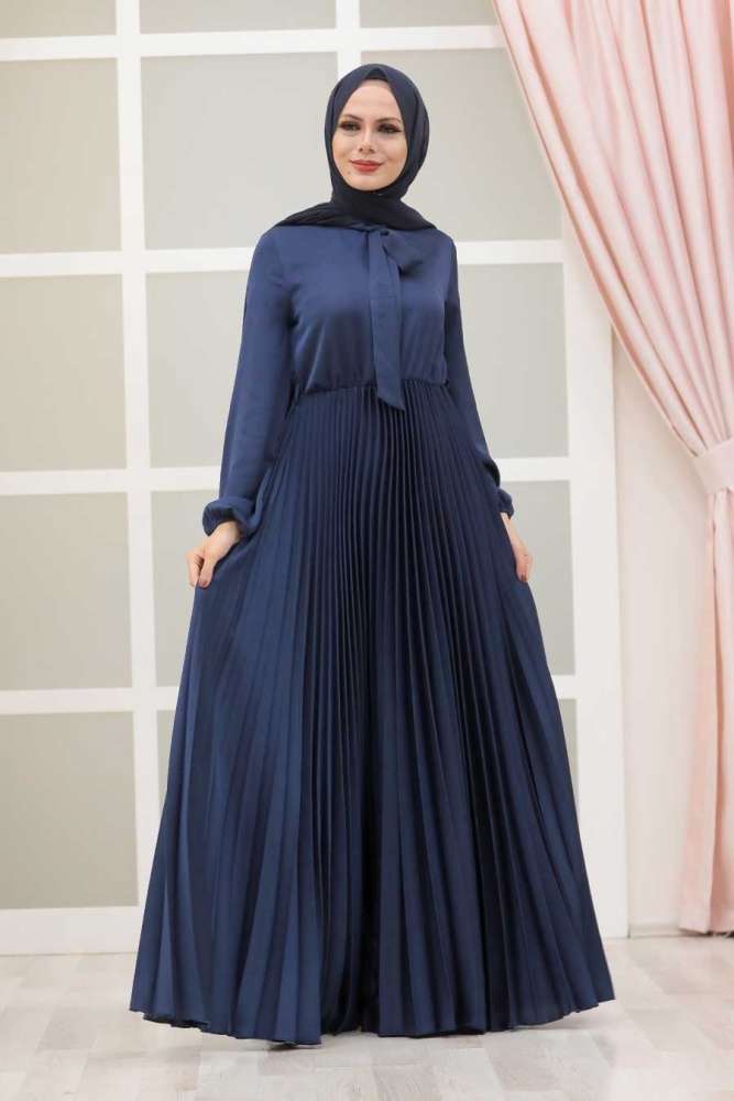 Tesettürlü Abiye Elbise - Robe de soirée islamique bleu marine 3031L - 2