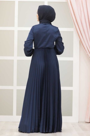 Tesettürlü Abiye Elbise - Robe de soirée islamique bleu marine 3031L - 3