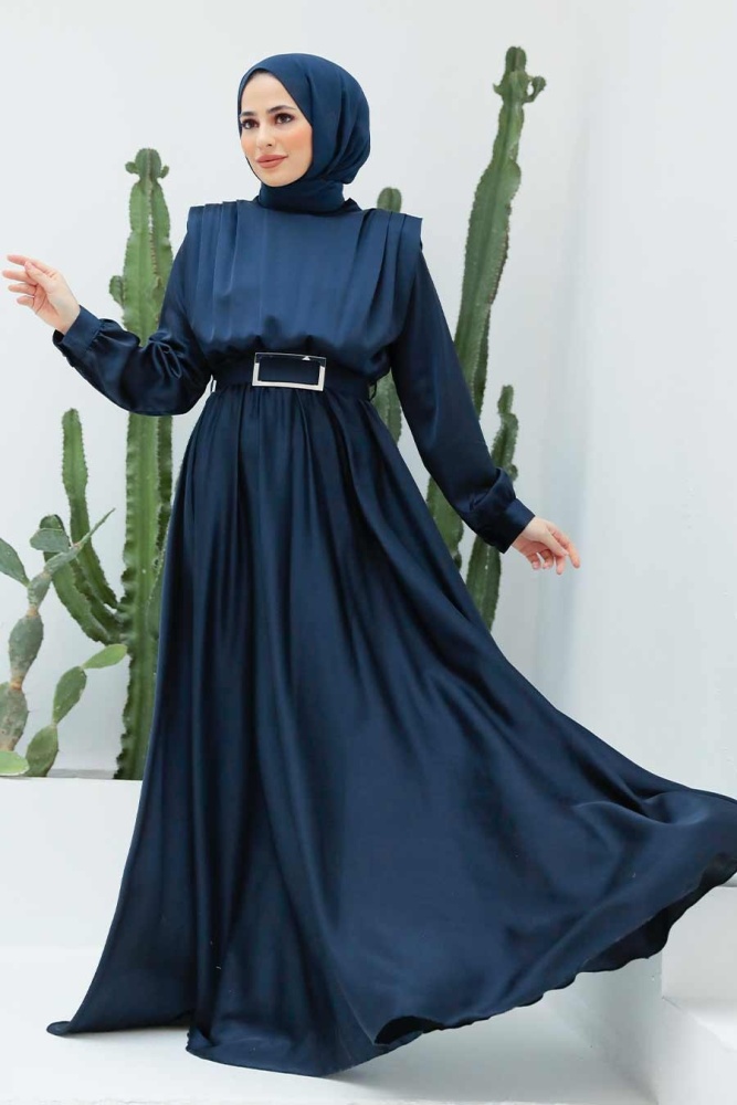 Tesettürlü Abiye Elbise - Robe de Soirée Islamique Bleu Marine 3378L - 1