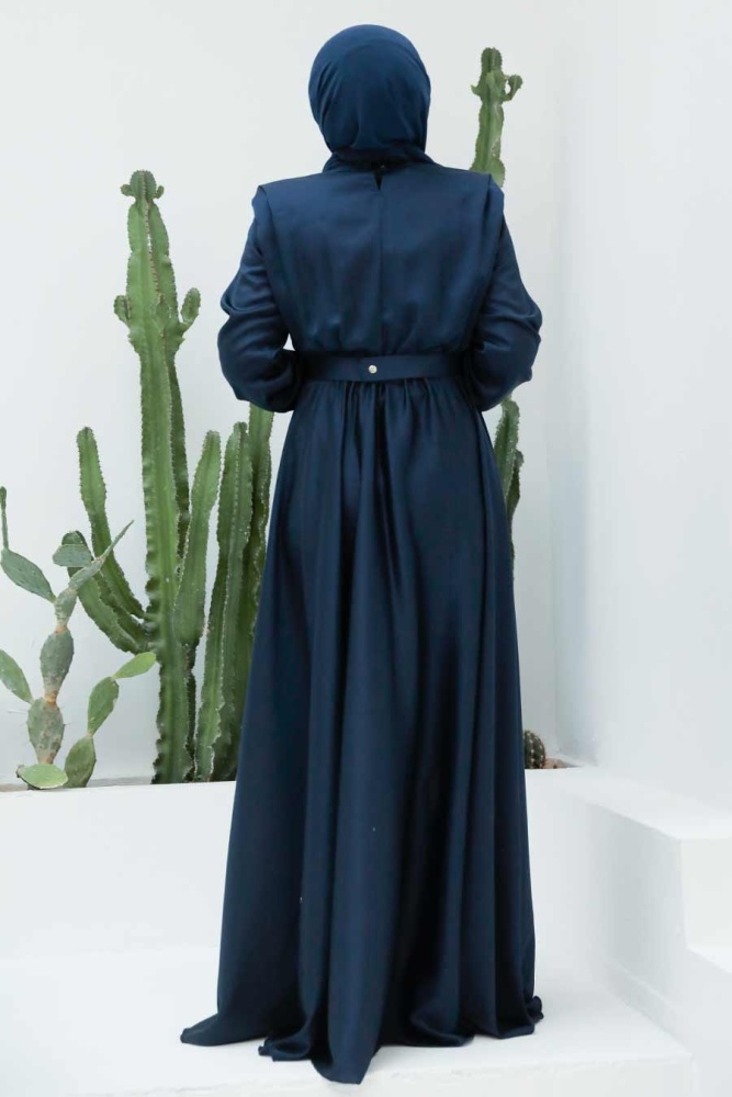 Tesettürlü Abiye Elbise - Robe de Soirée Islamique Bleu Marine 3378L - 2
