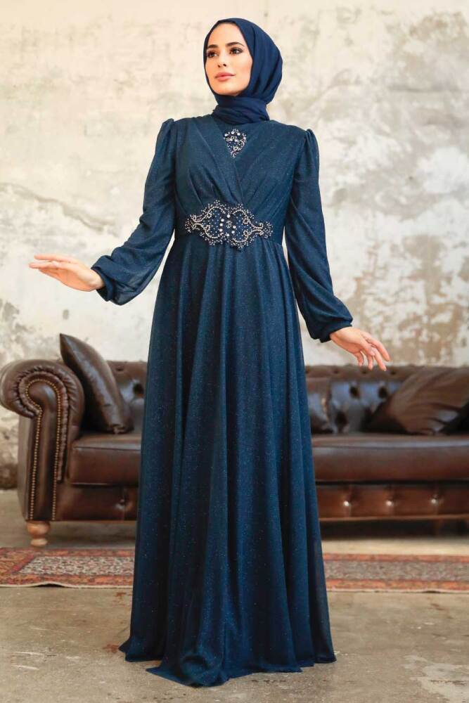 Tesettürlü Abiye Elbise - Robe de Soirée Islamique Bleu Marine 50151L - 1