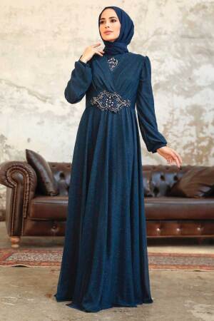 Tesettürlü Abiye Elbise - Robe de Soirée Islamique Bleu Marine 50151L - 2