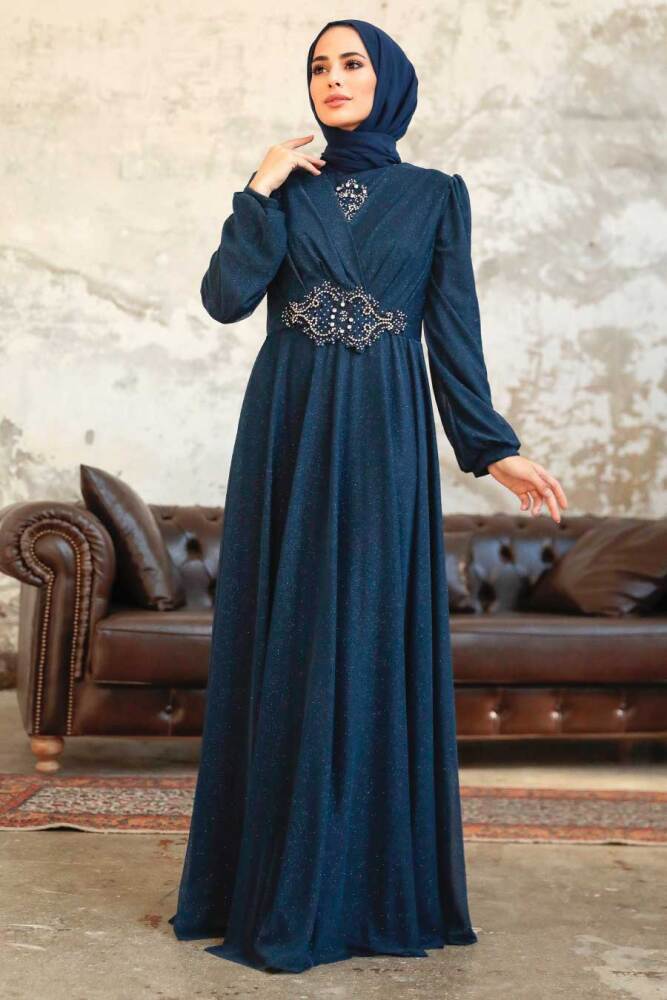 Tesettürlü Abiye Elbise - Robe de Soirée Islamique Bleu Marine 50151L - 2