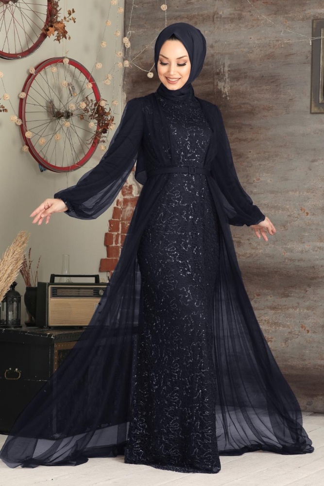 Tesettürlü Abiye Elbise - Robe de soirée islamique bleu marine 5383L - 1