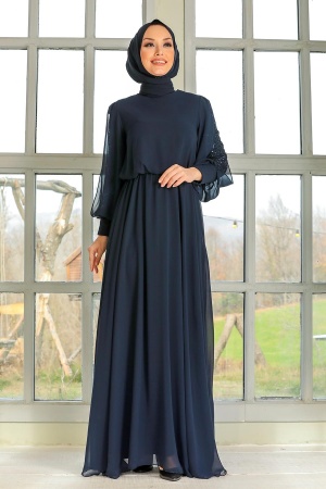 Tesettürlü Abiye Elbise - Robe de soirée islamique bleu marine 54030L - 2