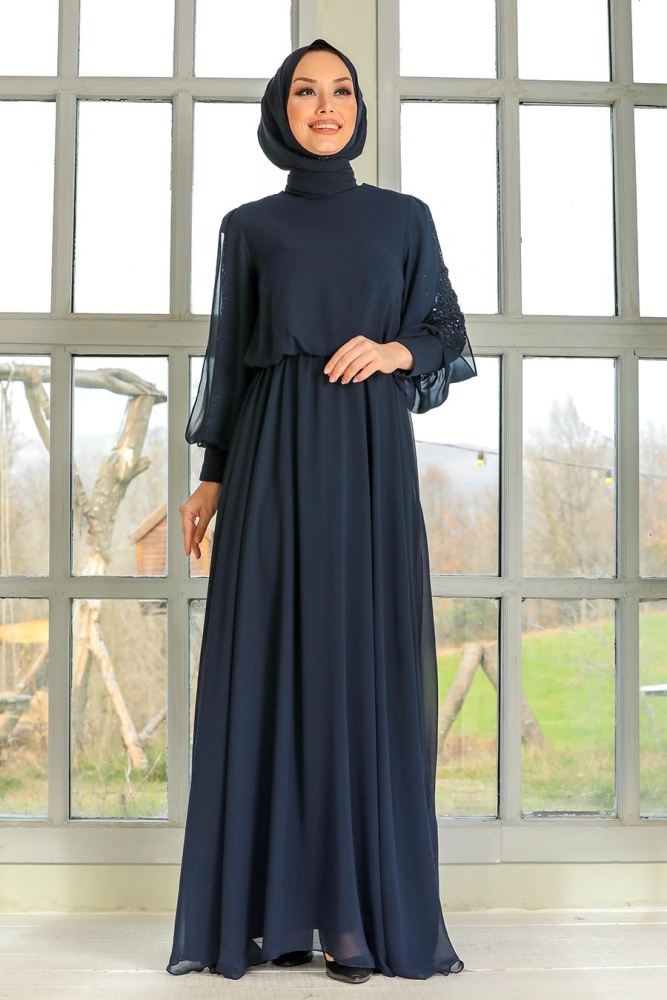 Tesettürlü Abiye Elbise - Robe de soirée islamique bleu marine 54030L - 2