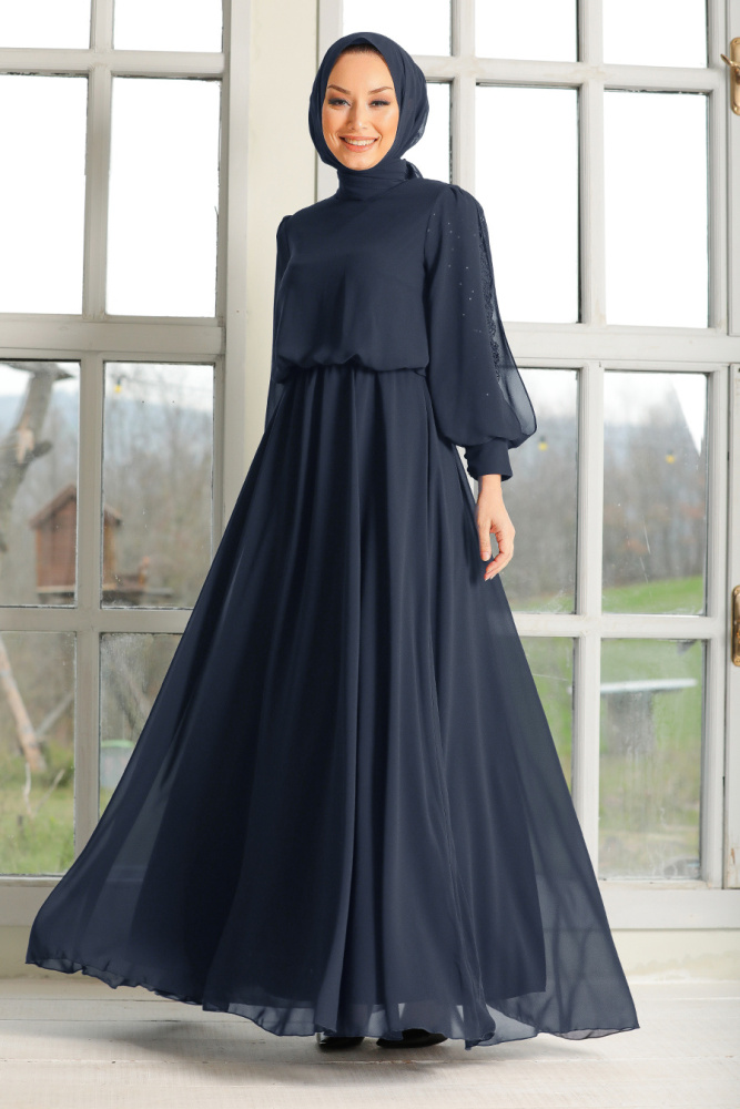 Tesettürlü Abiye Elbise - Robe de soirée islamique bleu marine 54030L - 1