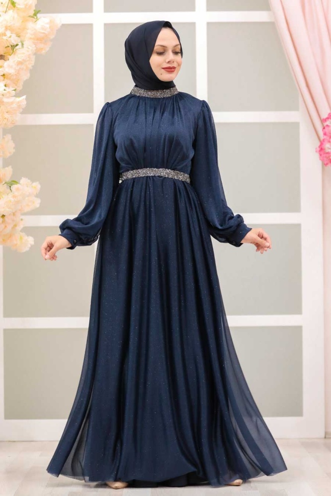 Tesettürlü Abiye Elbise - Robe de soirée islamique bleu marine 5501L - 1