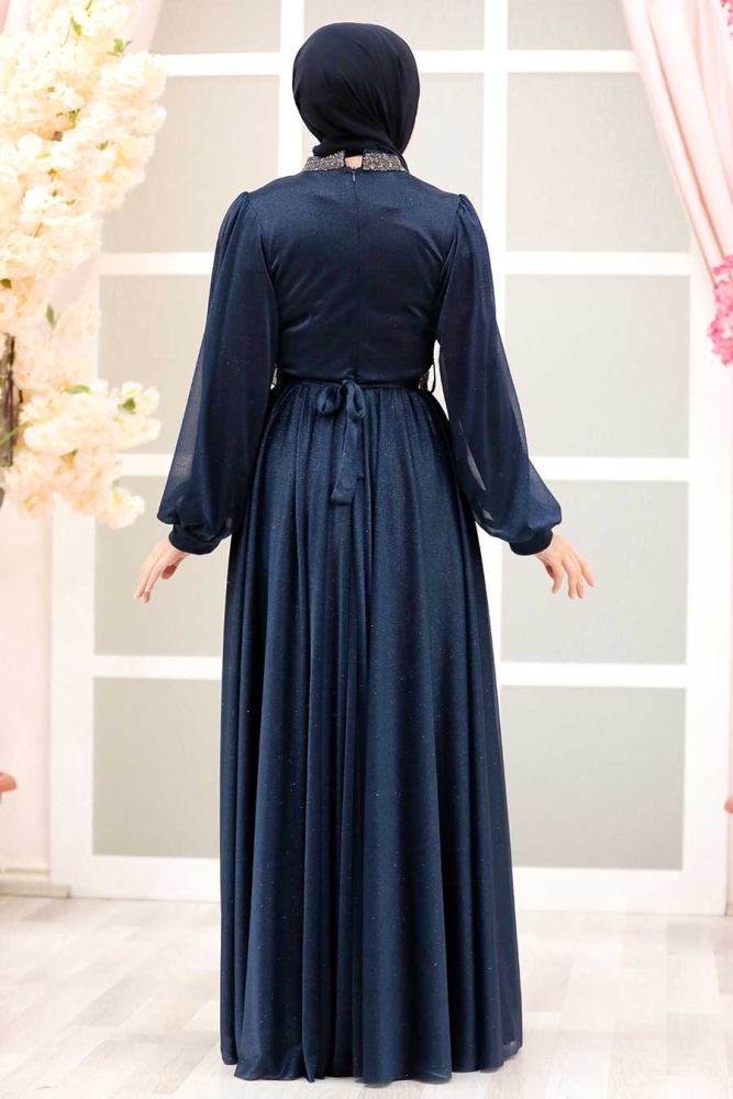 Tesettürlü Abiye Elbise - Robe de soirée islamique bleu marine 5501L - 2