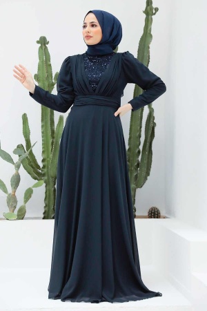Tesettürlü Abiye Elbise - Robe de Soirée Islamique Bleu Marine 56280L - 2