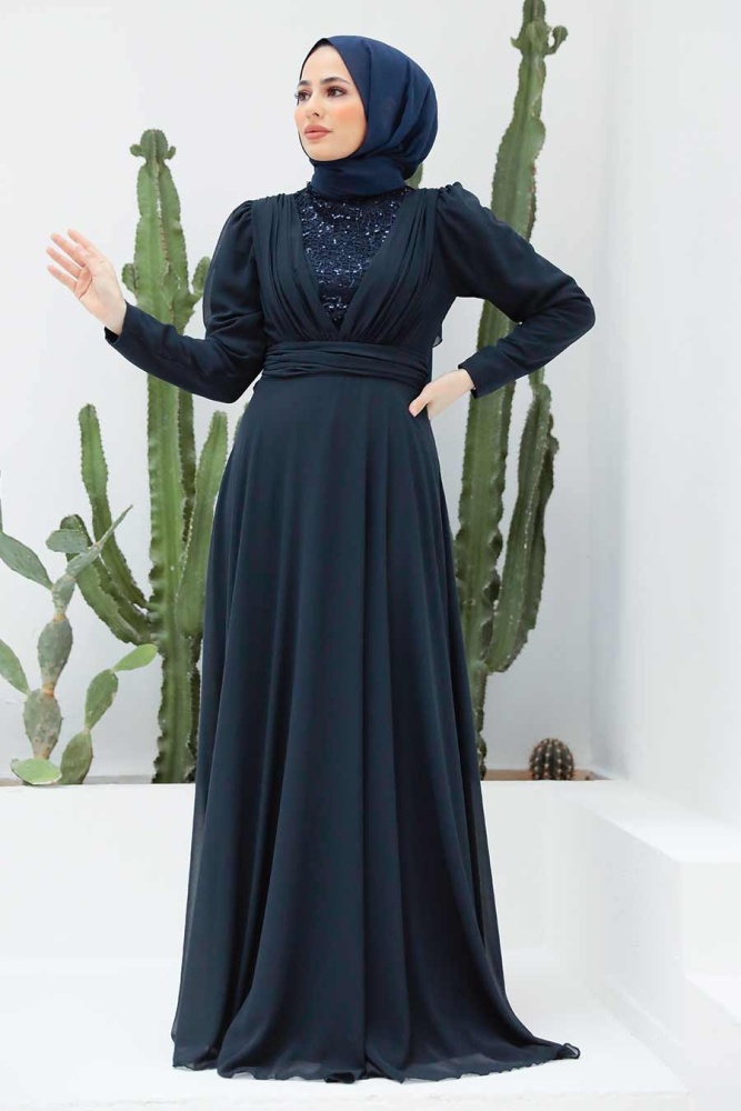 Tesettürlü Abiye Elbise - Robe de Soirée Islamique Bleu Marine 56280L - 2