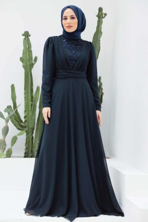 Tesettürlü Abiye Elbise - Robe de Soirée Islamique Bleu Marine 56280L - 3
