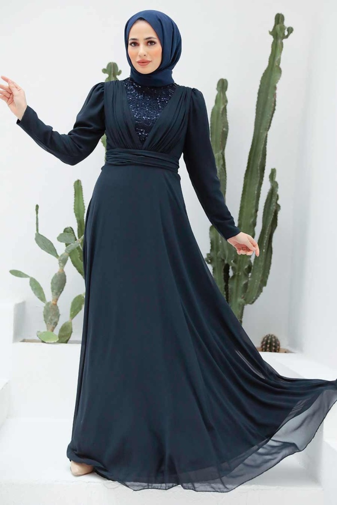 Tesettürlü Abiye Elbise - Robe de Soirée Islamique Bleu Marine 56280L - 1