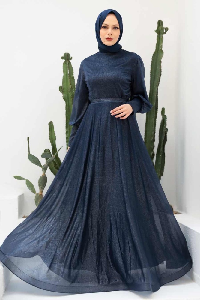 Tesettürlü Abiye Elbise - Robe de Soirée Islamique Bleu Marine 56721L - 1