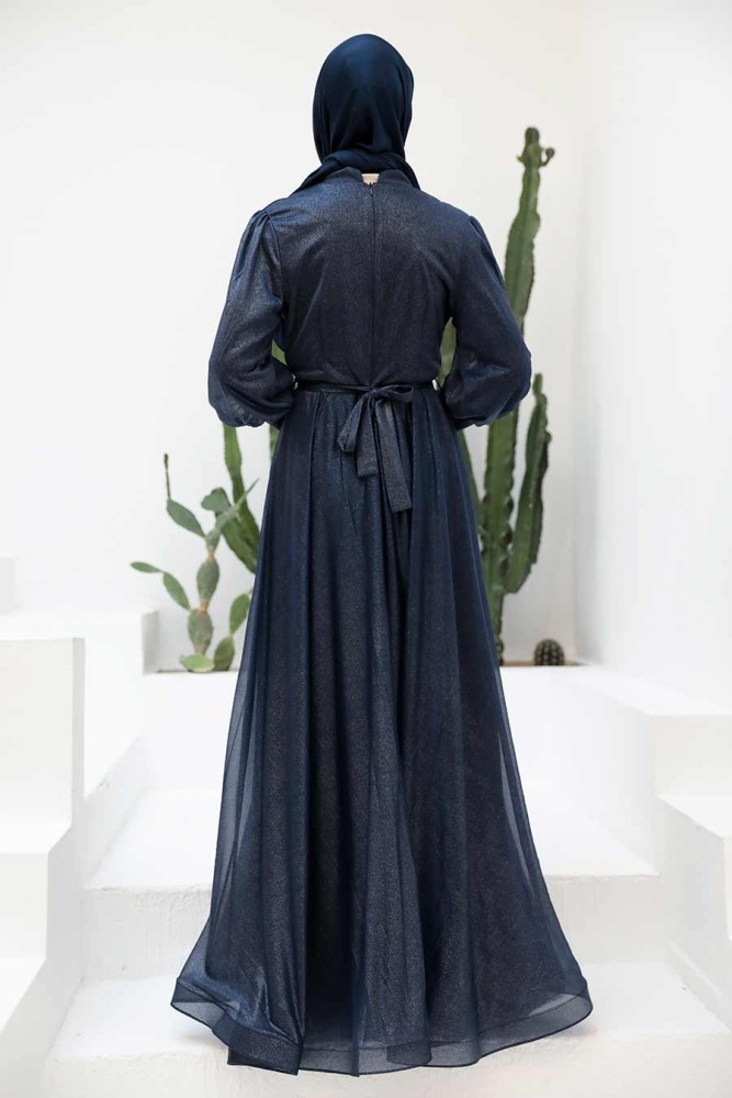 Tesettürlü Abiye Elbise - Robe de Soirée Islamique Bleu Marine 56721L - 2