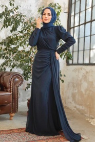 Tesettürlü Abiye Elbise - Robe de Soirée Islamique Bleu Marine 5736L - Thumbnail