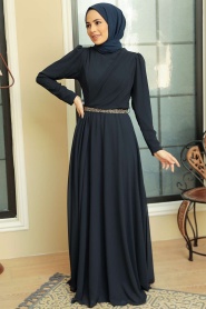 Tesettürlü Abiye Elbise - Robe de Soirée Islamique Bleu Marine 5737L - Thumbnail