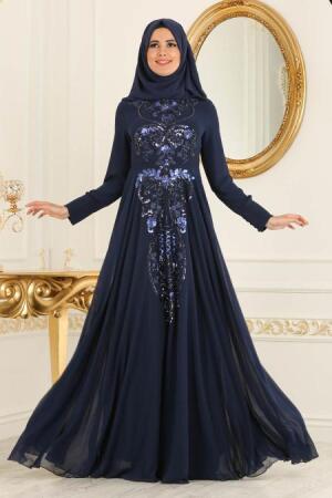 Tesettürlü Abiye Elbise - Robe de soirée islamique bleu marine 7533L - Thumbnail