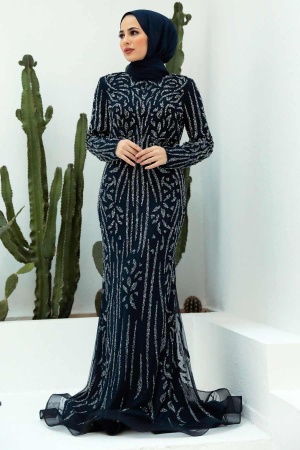 Tesettürlü Abiye Elbise - Robe de soirée islamique bleu marine 820L - 2