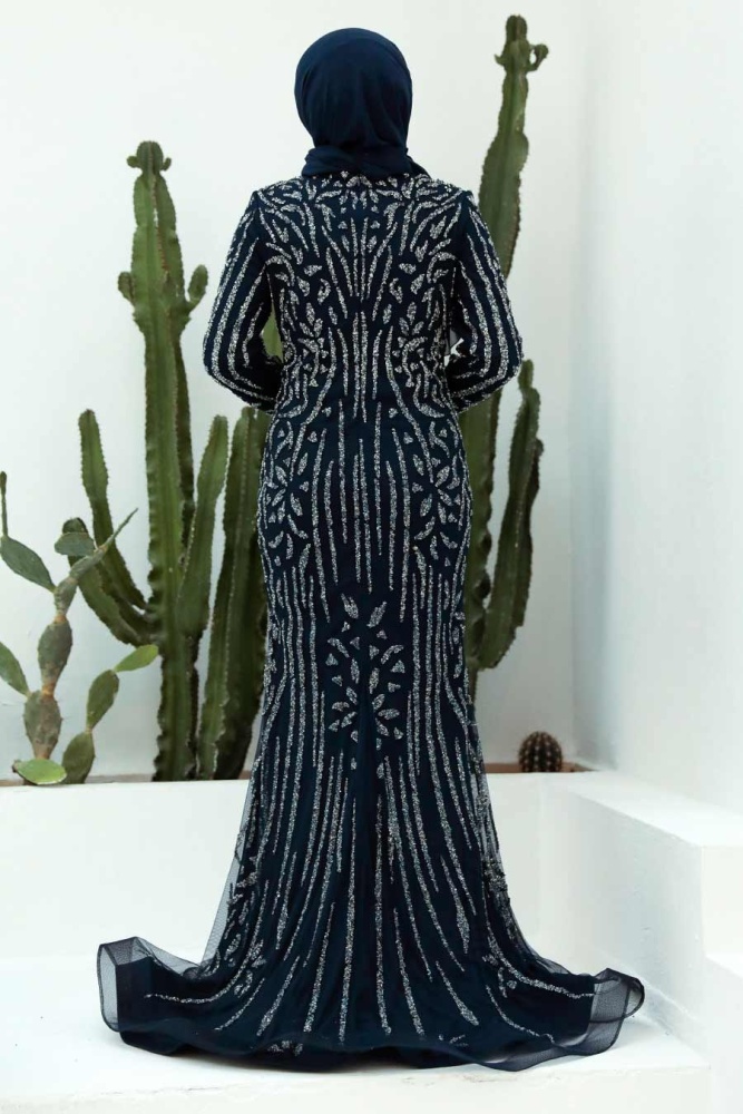 Tesettürlü Abiye Elbise - Robe de soirée islamique bleu marine 820L - 4