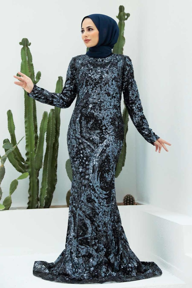 Tesettürlü Abiye Elbise - Robe de Soirée Islamique Bleu Marine 951L - 2