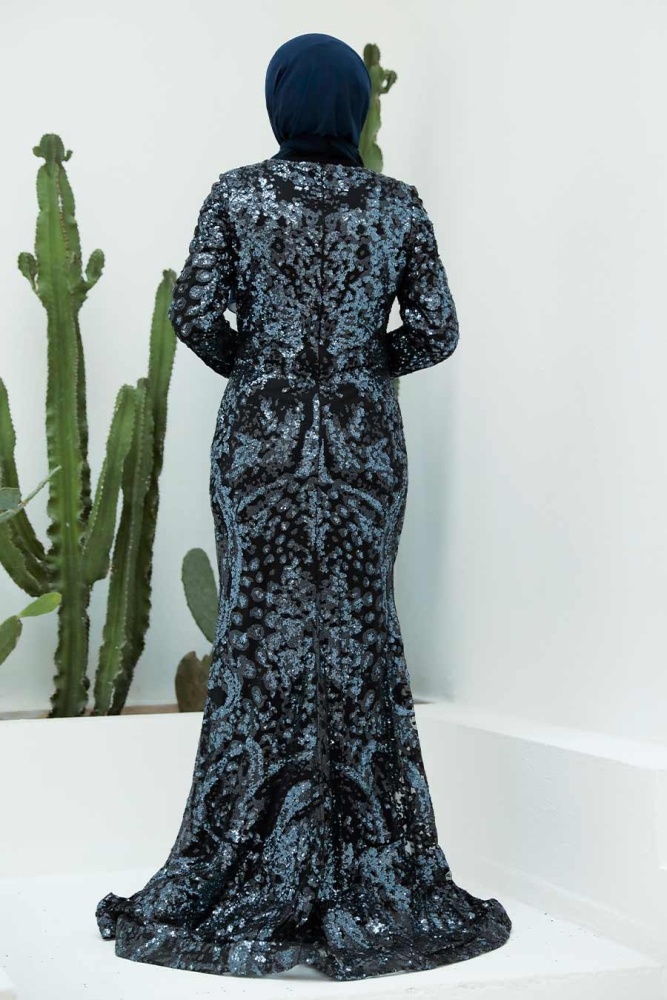 Tesettürlü Abiye Elbise - Robe de Soirée Islamique Bleu Marine 951L - 3