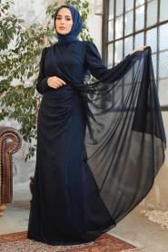 Tesettürlü Abiye Elbise - Robe de Soirée Islamique Bleu Marine Foncé 5736KL - Thumbnail