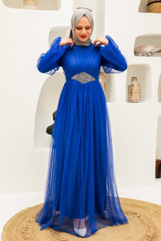 Tesettürlü Abiye Elbise - Robe de soirée islamique bleu sax 54230SX - 1