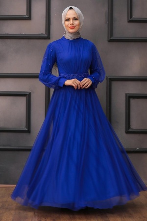 Robe de soirée longue et couvrante avec détails de perles nacrées – Bleu roi 5514SX 