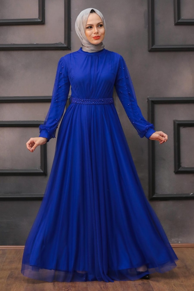 Robe de soirée longue et couvrante avec détails de perles nacrées – Bleu roi 5514SX - 3