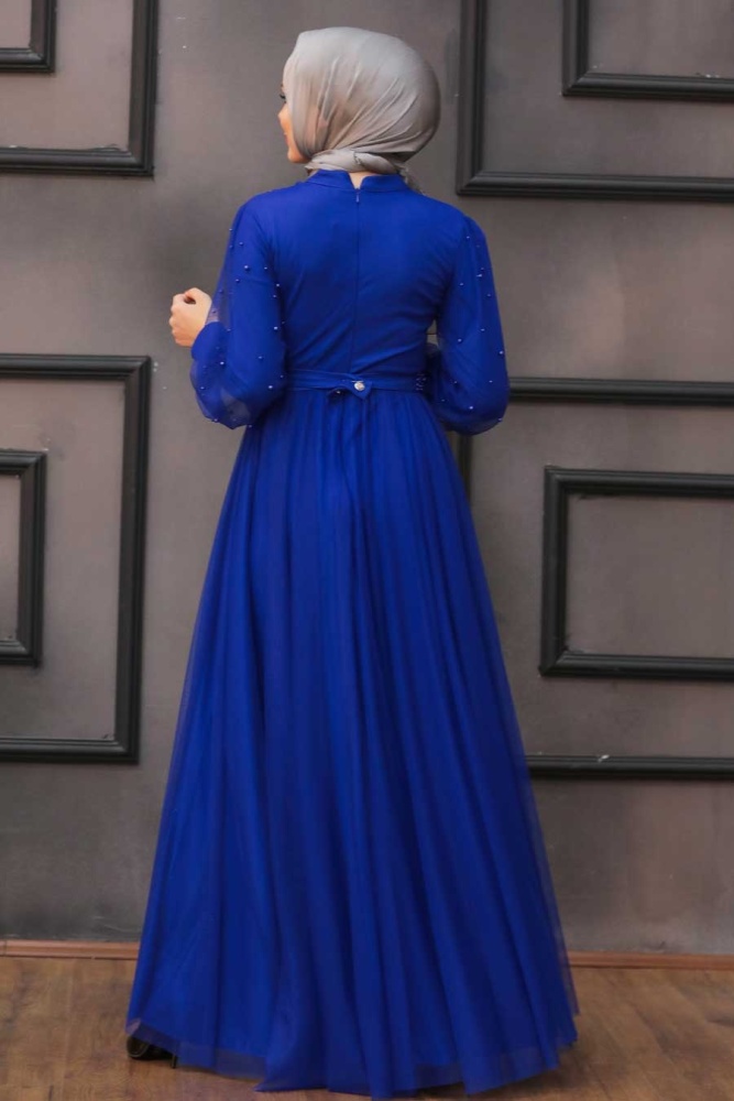 Robe de soirée longue et couvrante avec détails de perles nacrées – Bleu roi 5514SX - 4