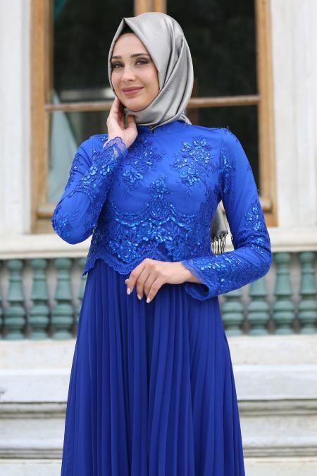 Tesettürlü Abiye Elbise - Robe de soirée islamique bleu sax 7722SX - 2