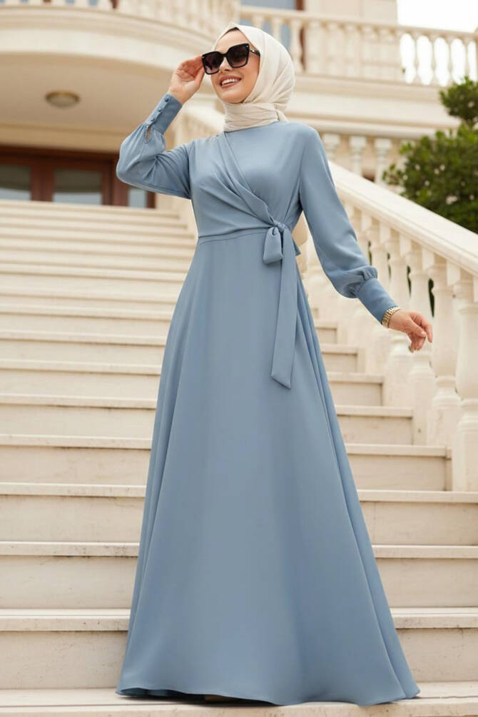 Tesettürlü Abiye Elbise - Robe de soirée islamique bleue 1420M - 1