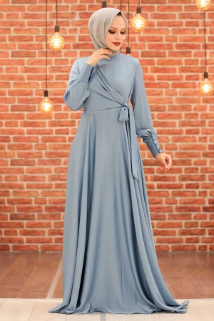 Tesettürlü Abiye Elbise - Robe de soirée islamique bleue 1420M - 1