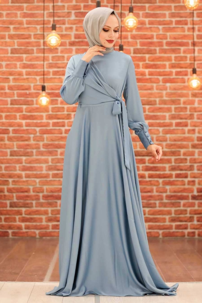 Tesettürlü Abiye Elbise - Robe de soirée islamique bleue 1420M - 1