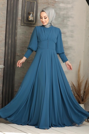Tesettürlü Abiye Elbise - Robe de soirée islamique bleue 53810M - 1