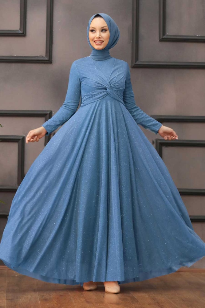 Tesettürlü Abiye Elbise - Robe de soirée islamique bleue 5397M - 1