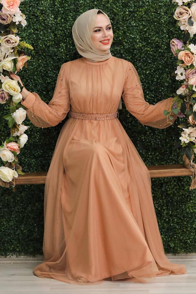 Tesettürlü Abiye Elbise - Robe de soirée islamique camel 5514C - 1