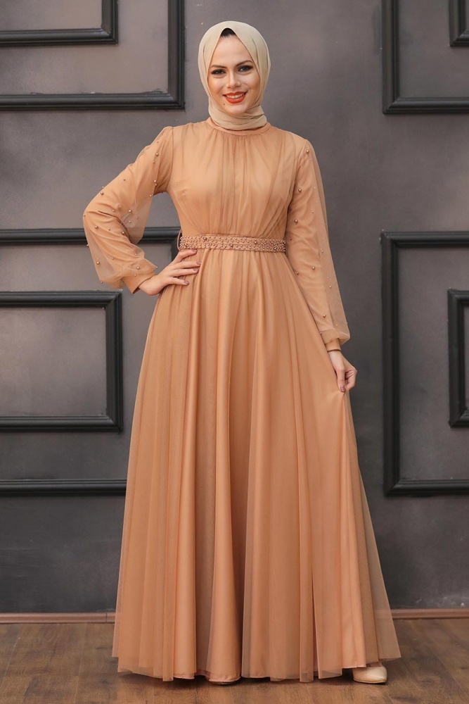 Tesettürlü Abiye Elbise - Robe de soirée islamique camel 5514C - 2