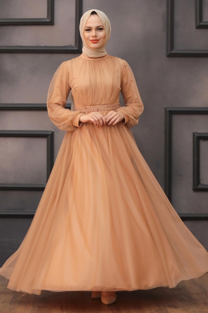 Tesettürlü Abiye Elbise - Robe de soirée islamique camel 5514C - 3
