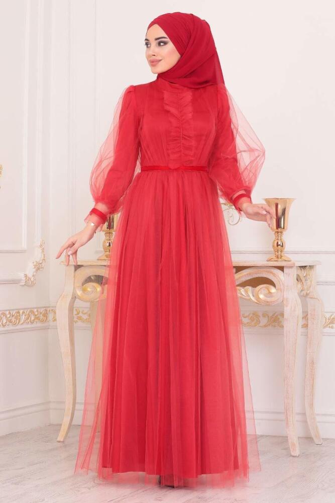 Tesettürlü Abiye Elbise - Robe de soirée islamique corail 3999MR - 1