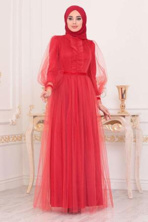 Tesettürlü Abiye Elbise - Robe de soirée islamique corail 3999MR - 2