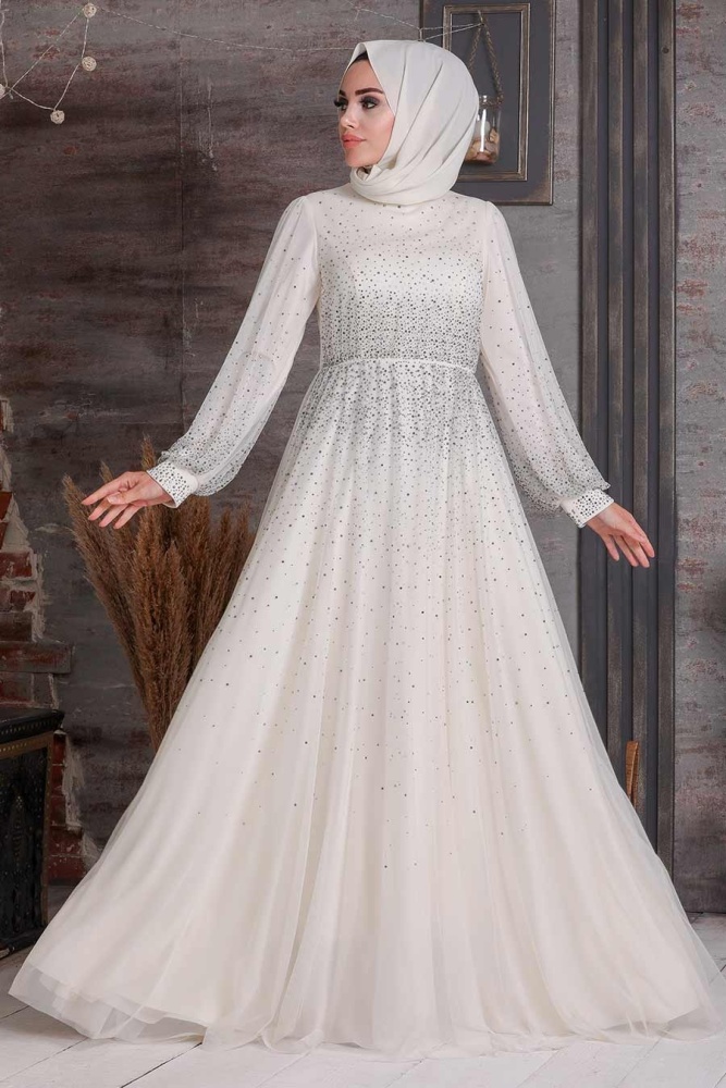 Tesettürlü Abiye Elbise - Robe de soirée islamique écru 21501E - 1