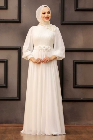 Tesettürlü Abiye Elbise - Robe de soirée islamique écru 21951E - 1