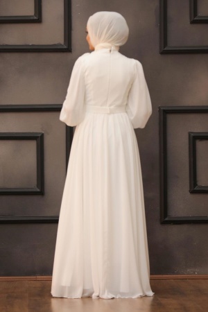 Tesettürlü Abiye Elbise - Robe de soirée islamique écru 21951E - 3