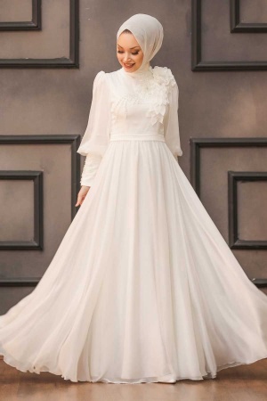 Tesettürlü Abiye Elbise - Robe de soirée islamique écru 21960E - 1