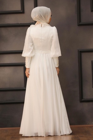 Tesettürlü Abiye Elbise - Robe de soirée islamique écru 21960E - 2